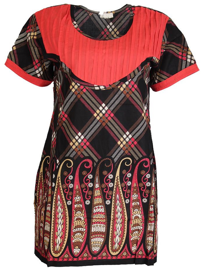 Tunic for Women 100% Cotton Black Diamond Pattern Kurti With Leaf Design Round Neck, Short Sleeves Kurta, Tops.