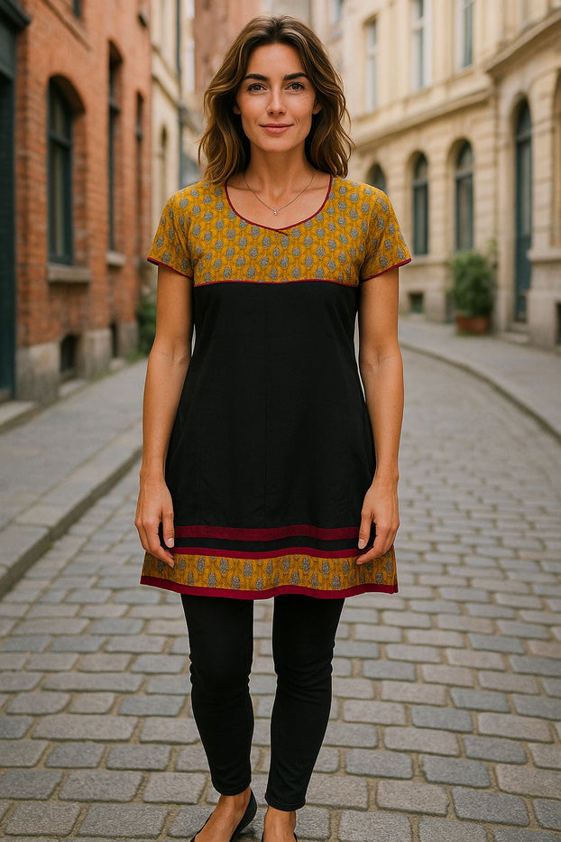 Tunic for Women 100% Cotton Mustard with Mango Print Round Neck with Red Piping Short Sleeve Ballon Kurta, Tops.
