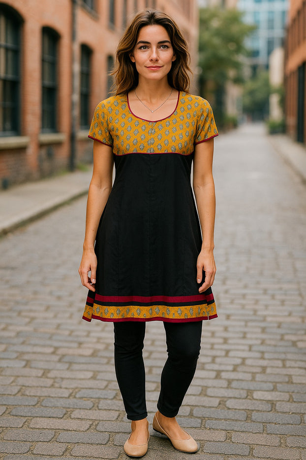 Tunic for Women 100% Cotton Mustard with Mango Print Round Neck with Red Piping Short Sleeve Ballon Kurta, Tops.