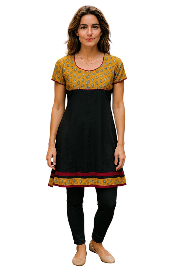 Tunic for Women 100% Cotton Mustard with Mango Print Round Neck with Red Piping Short Sleeve Ballon Kurta, Tops.