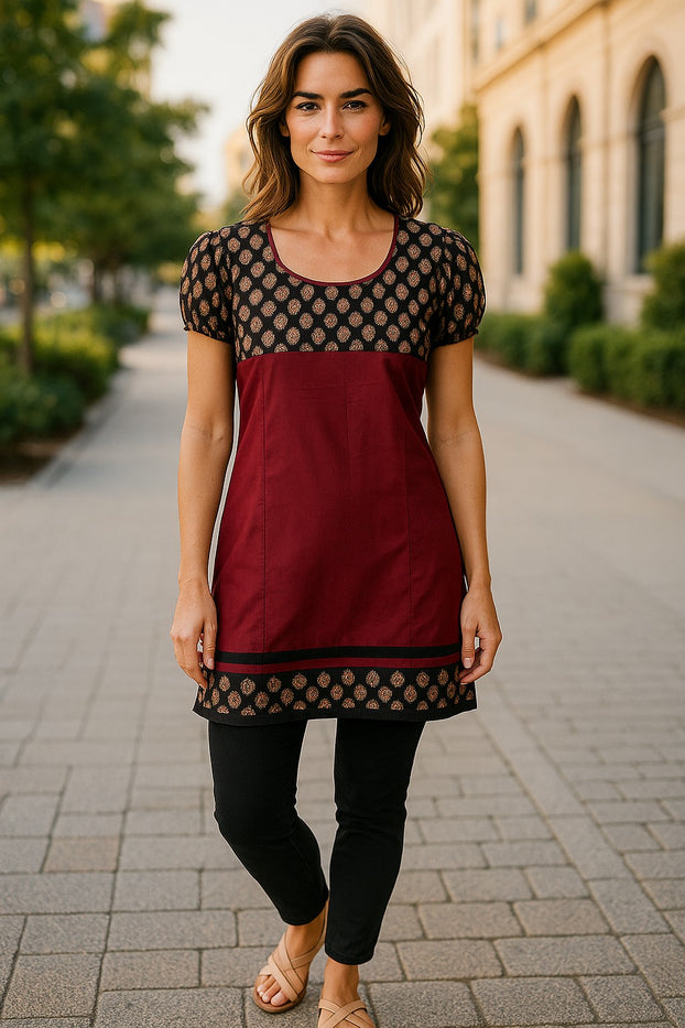 Tunic for Women 100% Cotton Mustard with Mango Print Round Neck with Red Piping Short Sleeve Ballon Kurta, Tops.