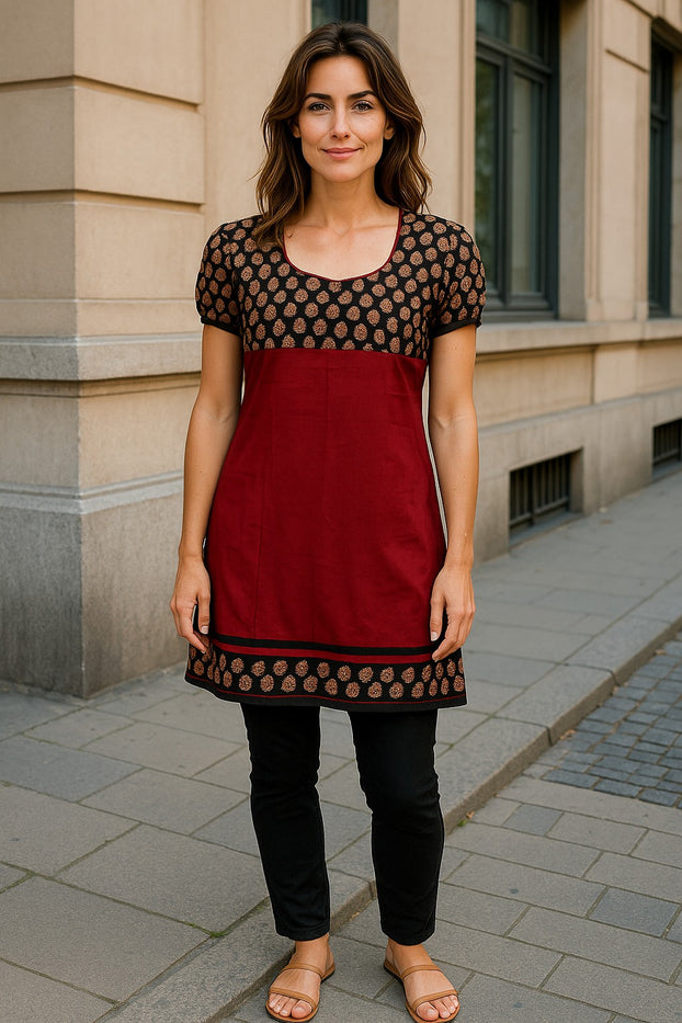Tunic for Women 100% Cotton Mustard with Mango Print Round Neck with Red Piping Short Sleeve Ballon Kurta, Tops.