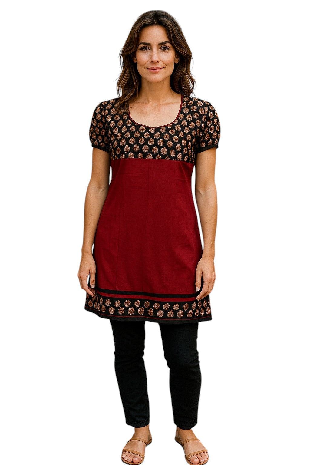 Tunic for Women 100% Cotton Mustard with Mango Print Round Neck with Red Piping Short Sleeve Ballon Kurta, Tops.