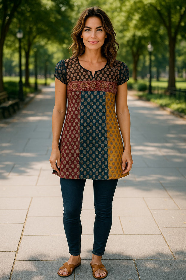 Tunic for Women 100% Cotton Multi stripes Patchwork Round Neck Mango Print, Red Patch flower Short Sleeve Ballon Kurta, Tops.