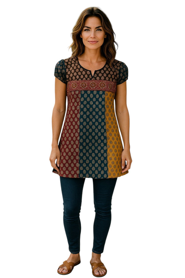 Tunic for Women 100% Cotton Multi stripes Patchwork Round Neck Mango Print, Red Patch flower Short Sleeve Ballon Kurta, Tops.