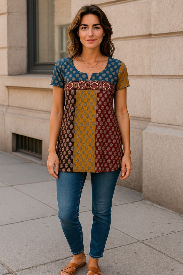 Tunic for Women 100% Cotton Multi stripes Patchwork Round Neck Mango Print, Red Patch flower Short Sleeve Ballon Kurta, Tops.