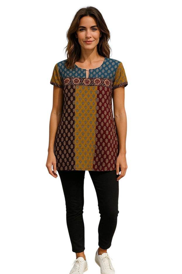 Tunic for Women 100% Cotton Multi stripes Patchwork Round Neck Mango Print, Red Patch flower Short Sleeve Ballon Kurta, Tops.