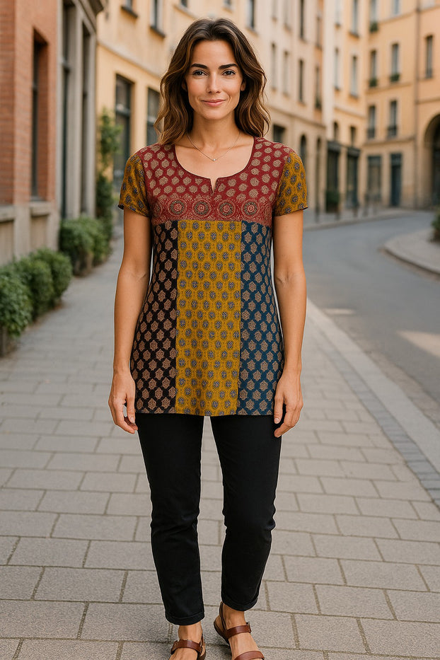 Tunic for Women 100% Cotton Multi stripes Patchwork Round Neck Mango Print, Red Patch flower Short Sleeve Ballon Kurta, Tops.