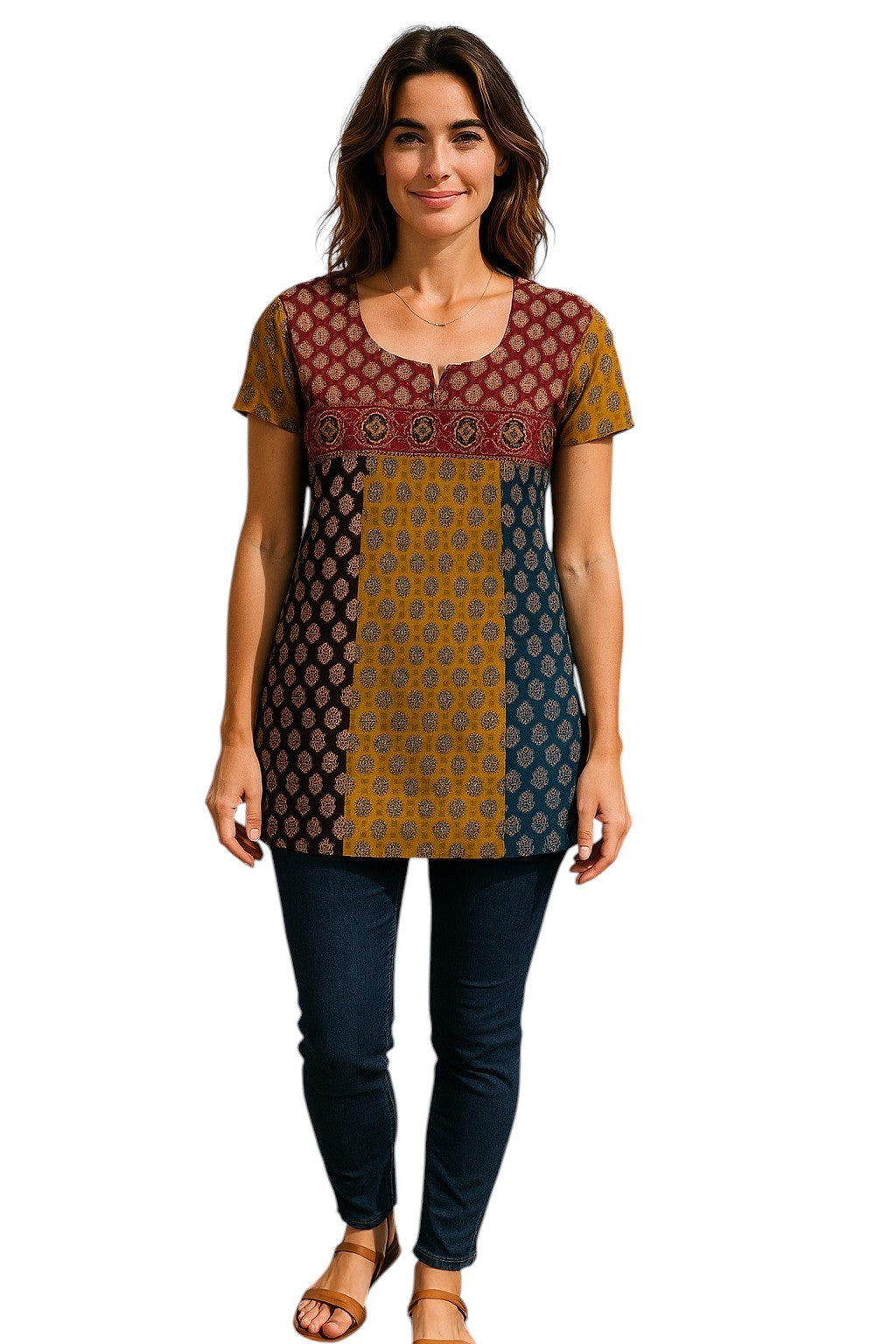 Tunic for Women 100% Cotton Multi stripes Patchwork Round Neck Mango Print, Red Patch flower Short Sleeve Ballon Kurta, Tops.