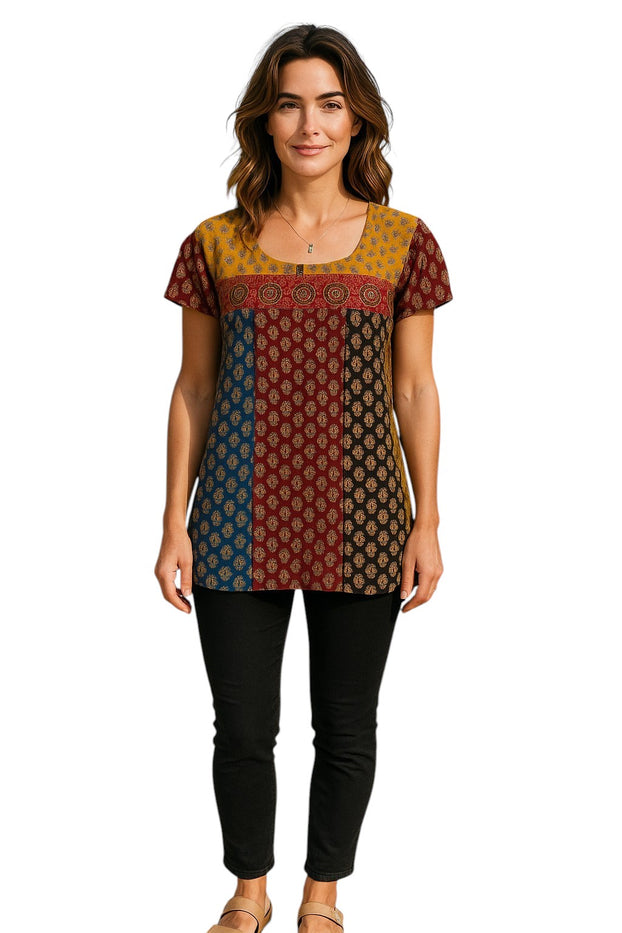 Tunic for Women 100% Cotton Multi stripes Patchwork Round Neck Mango Print, Red Patch flower Short Sleeve Ballon Kurta, Tops.