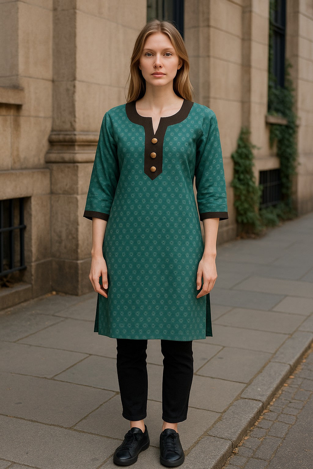 Demask Flower 100% Cotton Silk 3/4 Sleeves Round Neck with 3 Front Button Women Casual Tunic, Tops Perfect for Travel, Festivals and More