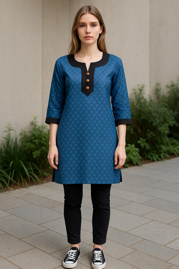 Demask Flower 100% Cotton Silk 3/4 Sleeves Round Neck with 3 Front Button Women Casual Tunic, Tops Perfect for Travel, Festivals and More
