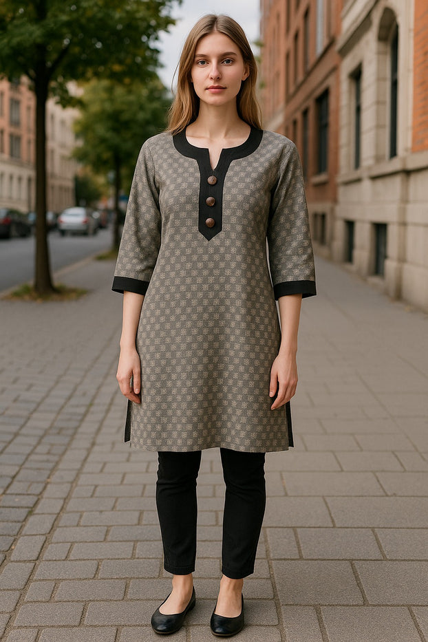 Demask Flower 100% Cotton Silk 3/4 Sleeves Round Neck with 3 Front Button Women Casual Tunic, Tops Perfect for Travel, Festivals and More