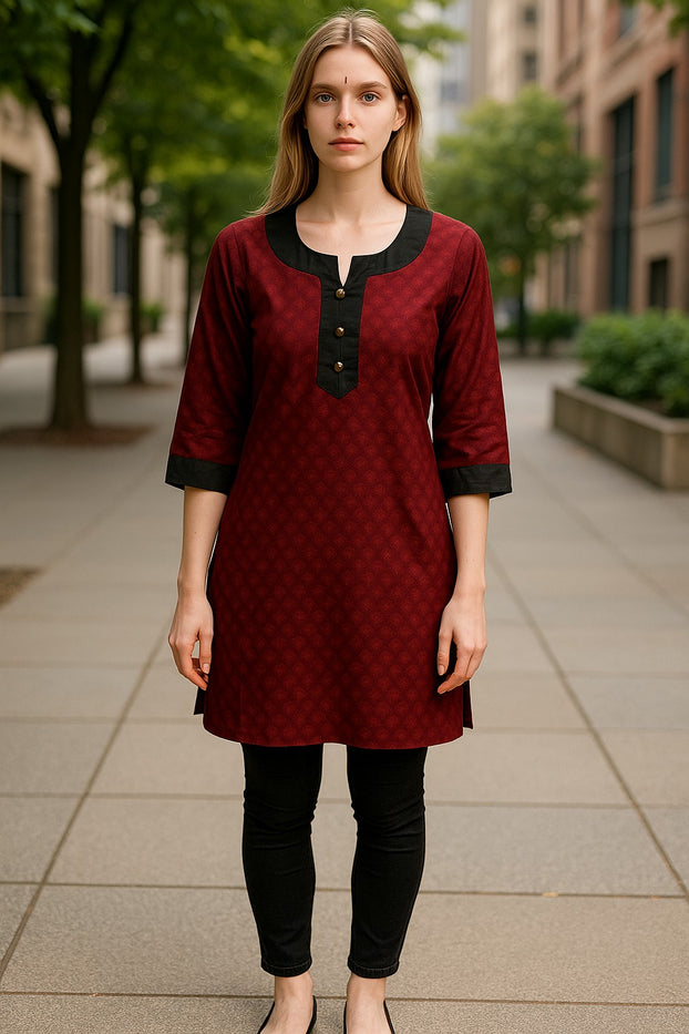 Demask Flower 100% Cotton Silk 3/4 Sleeves Round Neck with 3 Front Button Women Casual Tunic, Tops Perfect for Travel, Festivals and More