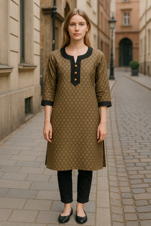Demask Flower 100% Cotton Silk 3/4 Sleeves Round Neck with 3 Front Button Women Casual Tunic, Tops Perfect for Travel, Festivals and More
