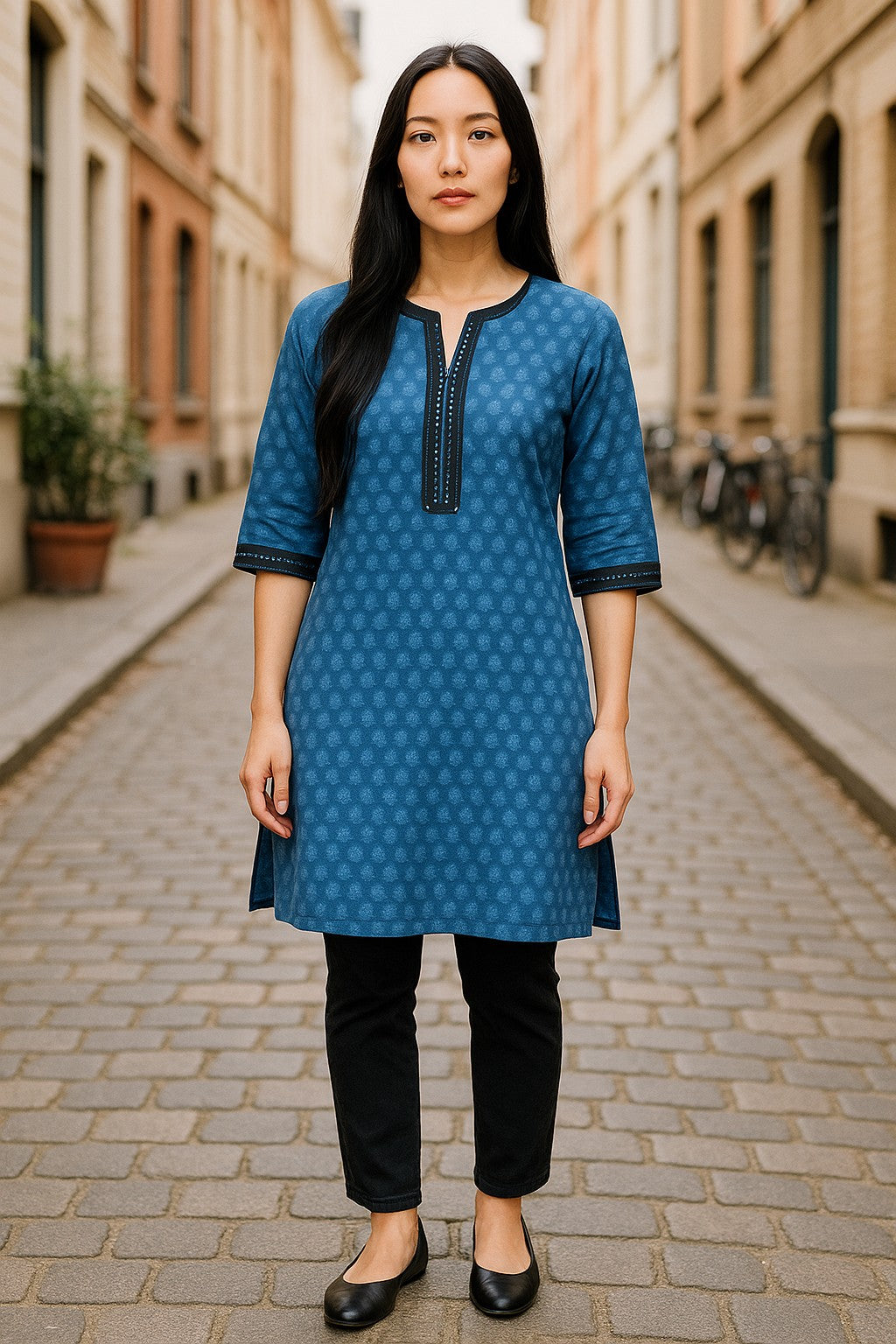 Demask Flower 100% Cotton Silk 3/4 Sleeves Round Neck with Mirror Work around Neck Women Casual Tunic, Tops Perfect for Travel, Festivals and More
