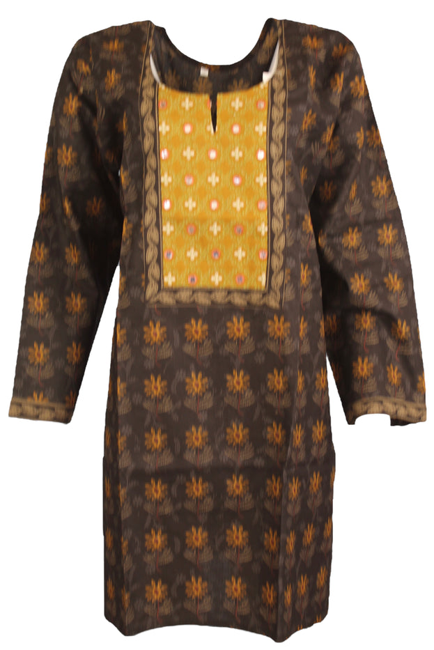 100% Cotton Round Neck Kurti with Long Sleeves with Printed Flowers and Embroider Mirror work Women Casual Tunic, Tops Perfect for Travel, Festivals and More