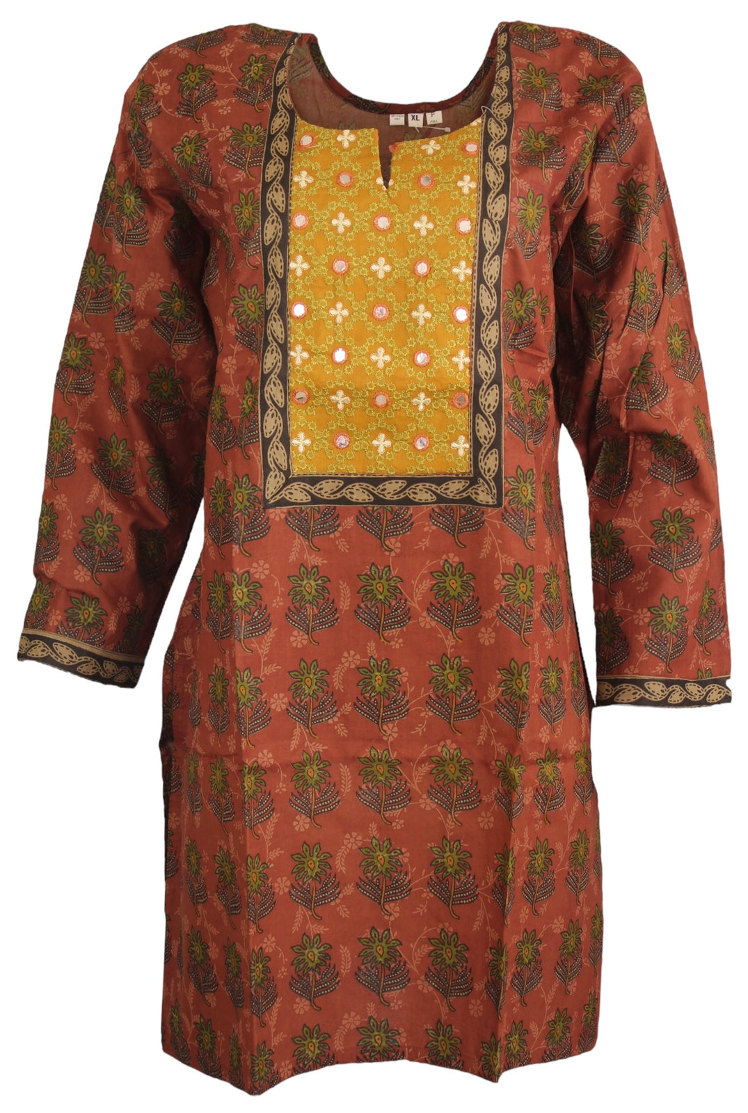 100% Cotton Round Neck Kurti with Long Sleeves with Printed Flowers and Embroider Mirror work Women Casual Tunic, Tops Perfect for Travel, Festivals and More