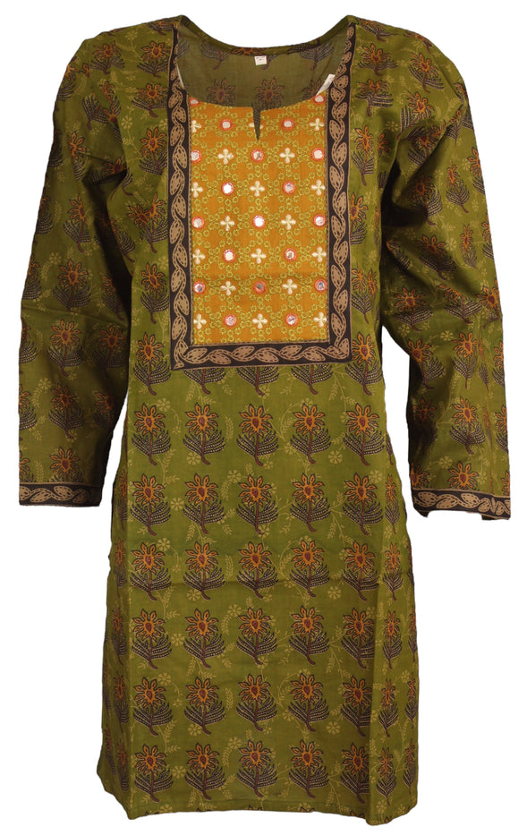 100% Cotton Round Neck Kurti with Long Sleeves with Printed Flowers and Embroider Mirror work Women Casual Tunic, Tops Perfect for Travel, Festivals and More