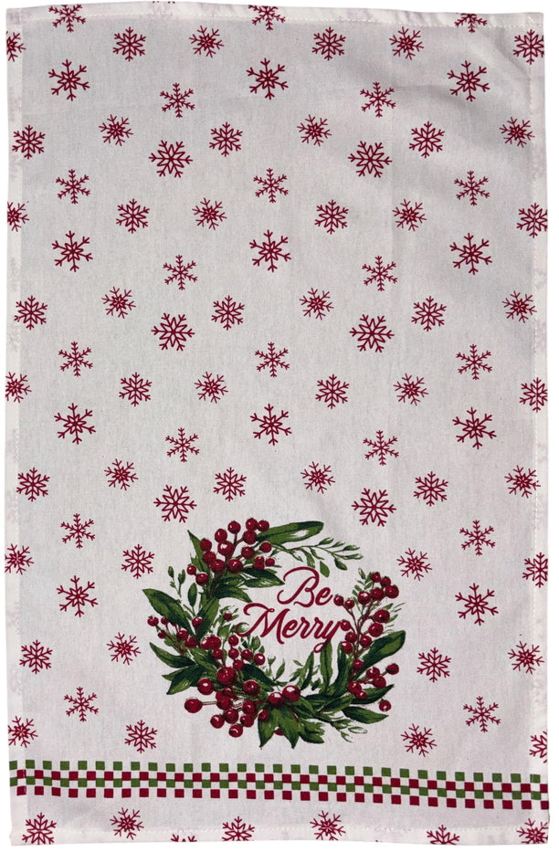 Poinsettia Flower Wreath, Berries, Snowflakes with be Merry, 6 Pack Holiday Season Kitchen Towel Sets, 4 Kitchen Towels, Pot Holder & Oven mitt.