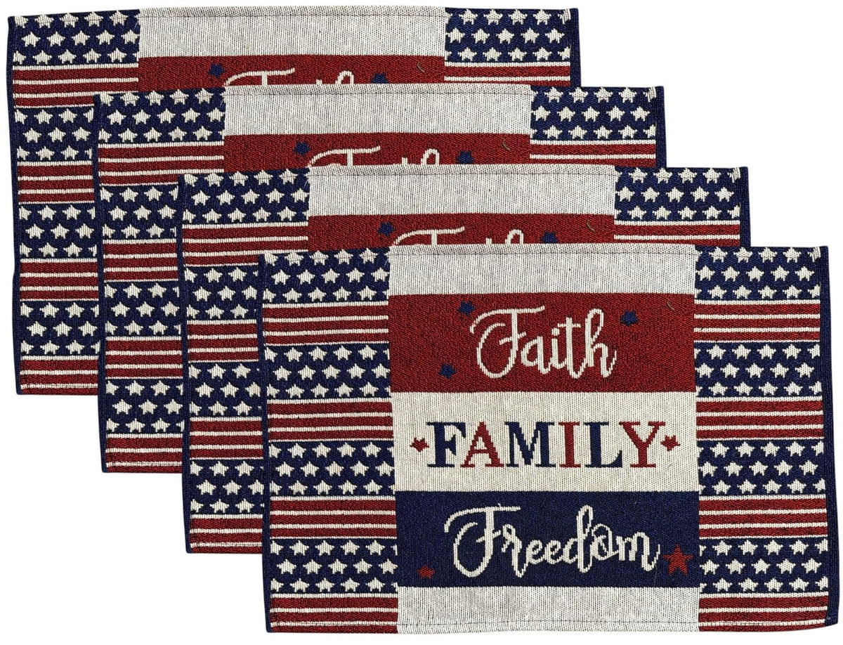 Patriotic Stripes with Star, Faith, Family, Freedom Set of 4, Tapestry Placemats for 4th of July, Memorial Day, Independence Day Size: 13 x 19 Inches.