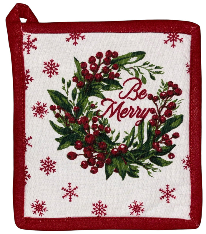 Poinsettia Flower Wreath, Berries, Snowflakes with be Merry, 6 Pack Holiday Season Kitchen Towel Sets, 4 Kitchen Towels, Pot Holder & Oven mitt.