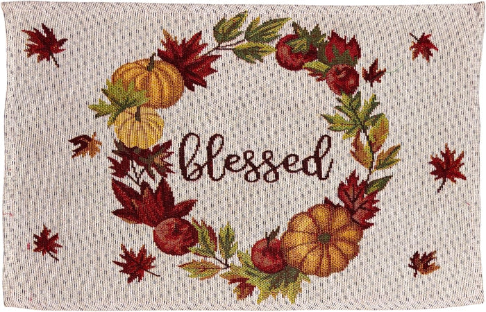 Pumpkin, Fall Leaves Wreath with Blessed, Set of 4 Placemats for Fall, Thanksgiving Kitchen Dining Table Easy to Clean, Machine Washable, Size: 13” x 19”.