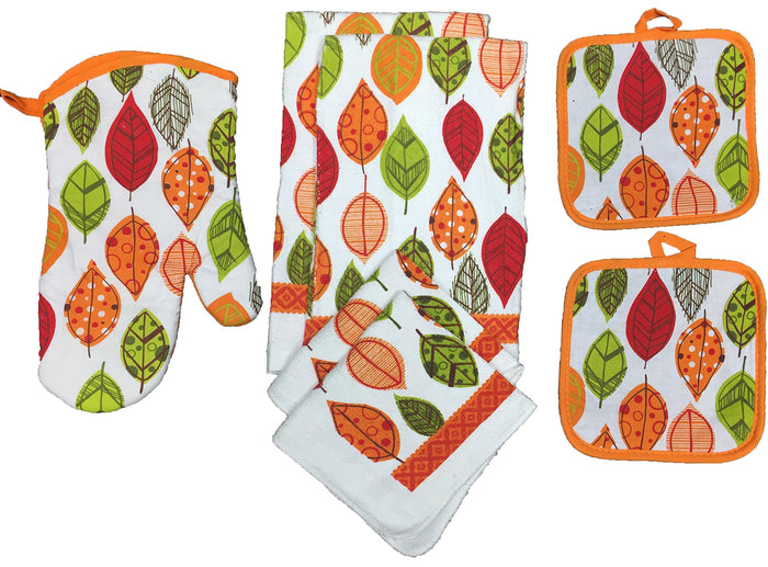 Autumn Fall Leaves Design 100% Cotton Printed Kitchen Linen Set of 7, 2 Kitchen Towels, 2 Dish cloths, 2 Pot Holder, 1 Oven mitt, Non Slip, Washable, and Heat Resistant. (Fall Leaves - A)