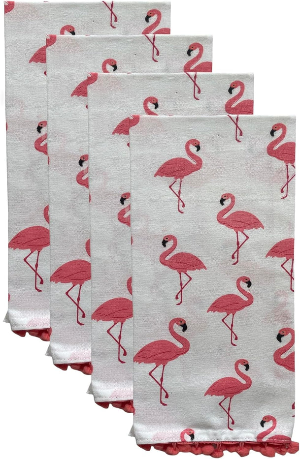 Set of 5, 100% Cotton Flamingo Theme 4 pom-pom Kitchen Towels Size: 16 x 28 Inch Plus Matching Apron Size: 19 x 30 Inch for Wedding, Baby Shower, Home Décor.