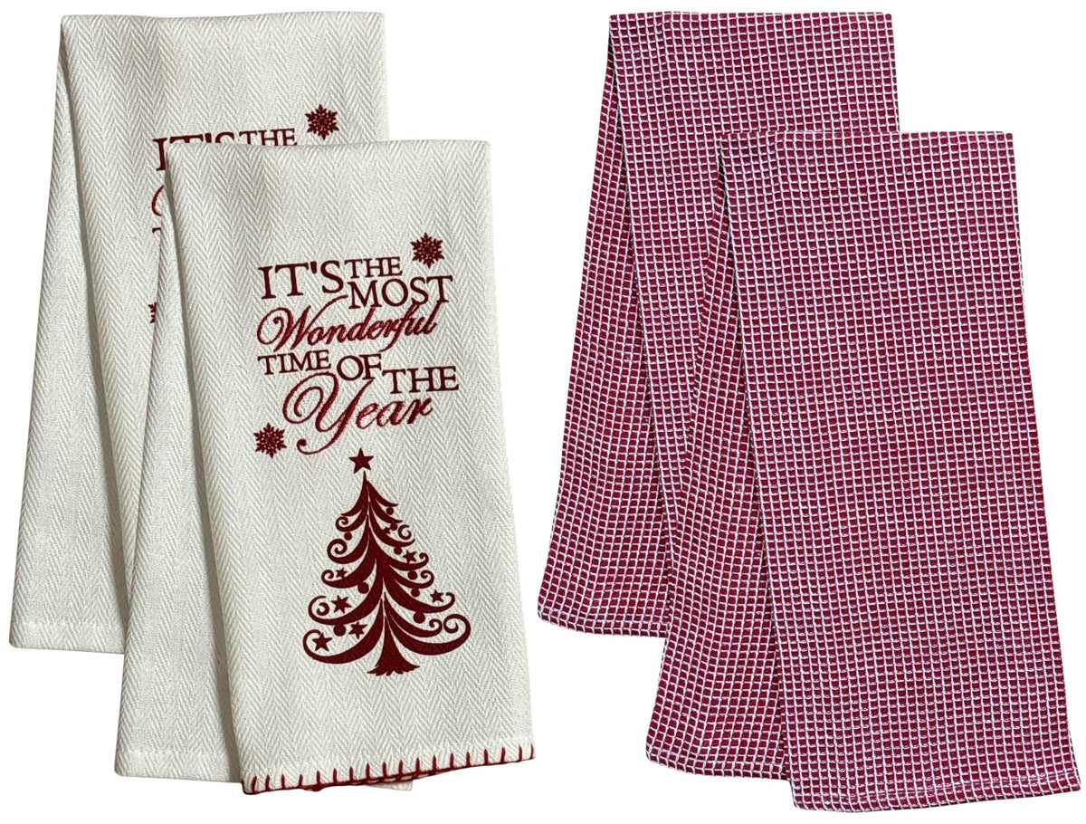 It's The Most Wonderful time of The Year with Snowflakes and Christmas Tree on White Herringbone and Red Waffle Weave, 4 Pcs Cotton Kitchen Towels, Soft and Absorbent, Size: 16” x 28".