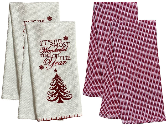 It's The Most Wonderful time of The Year with Snowflakes and Christmas Tree on White Herringbone and Red Waffle Weave, 4 Pcs Cotton Kitchen Towels, Soft and Absorbent, Size: 16” x 28".