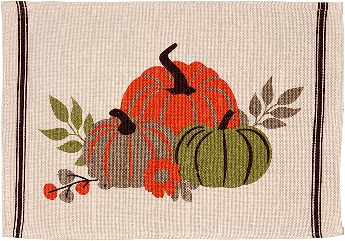 Colorful Pumpkin with Flower, Set of 4, Cotton Placemats for Fall, Thanksgiving Kitchen Dining Table Easy to Clean, Machine Washable, Size: 13” x 19”.
