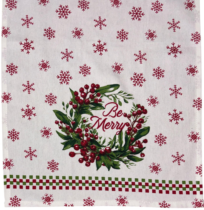 Poinsettia Flower Wreath, Berries, Snowflakes with be Merry, 6 Pack Holiday Season Kitchen Towel Sets, 4 Kitchen Towels, Pot Holder & Oven mitt.