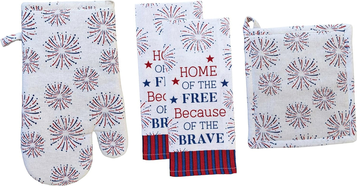 Fireworks Patriotic with Home of The Free Because of The Brave Slogan Design Printed Decorative 4th of July, Kitchen Towel Set of 4, 2 Kitchen Towels, Potholder & Oven mitt.