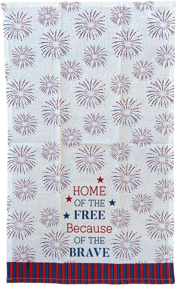 Fireworks Patriotic with Home of The Free Because of The Brave Slogan Design Printed Decorative 4th of July, Kitchen Towel Set of 4, 2 Kitchen Towels, Potholder & Oven mitt.