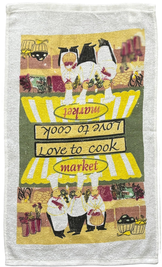 Chef Love to Cook Market Design 100% Cotton Printed Kitchen Linen Set of 7, 2 Kitchen Towels, 2 Dish cloths, 2 Pot Holder, 1 Oven mitt, Non Slip, Washable, and Heat Resistant. (Chef Cook)