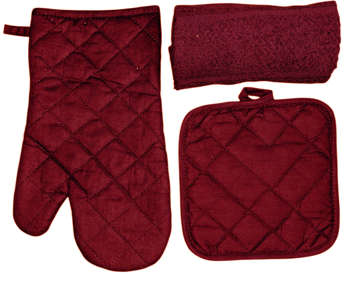 Three Pcs, Solid Quilted Heat-Resistant Kitchen Sets: Kitchen Towels, Oven Mitts, and Potholders Ultra-Absorbent and Durable. (Red)