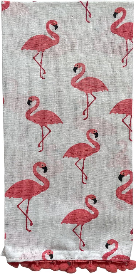 Set of 5, 100% Cotton Flamingo Theme 4 pom-pom Kitchen Towels Size: 16 x 28 Inch Plus Matching Apron Size: 19 x 30 Inch for Wedding, Baby Shower, Home Décor.