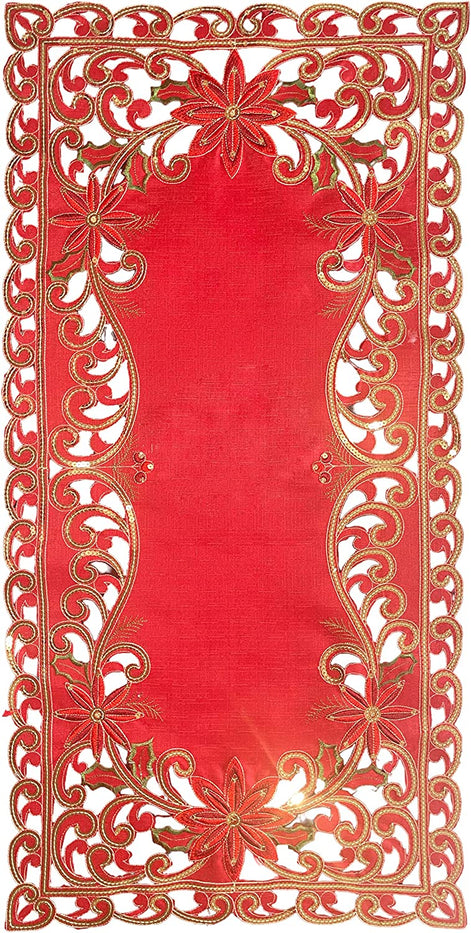 Christmas Holiday Decorate Sequins, Cut Work and Embroidery on Red Base Oblong Runner Kitchen Dining Table Size: 16 x 36 Inch. (Runner: 16 x 36)