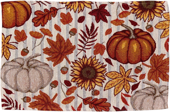 Sunflower, Pumpkin, and Leaf Design Set of 4 Placemats for Fall, Thanksgiving Kitchen Dining Table Easy to Clean, Machine Washable, Size: 13” x 19”.