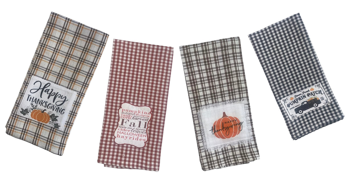 Set of 4, Halloween Kitchen Towels with Patch Work Pumpkin with Happy Thanksgiving, Farm Fresh Pumpkin Patch, Pumpkin Fall Harvest Kitchen Towels Size: 15” x 25".