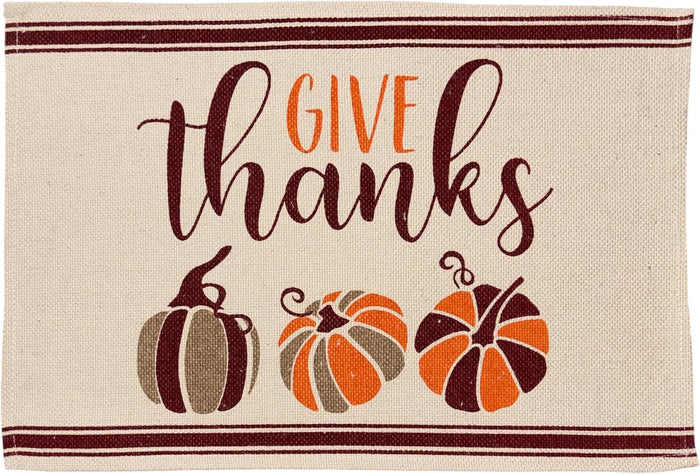 Give Thanks with Colorful Pumpkin, Set of 4, Cotton Placemats for Fall, Thanksgiving Kitchen Dining Table Easy to Clean, Machine Washable, Size: 13” x 19”.