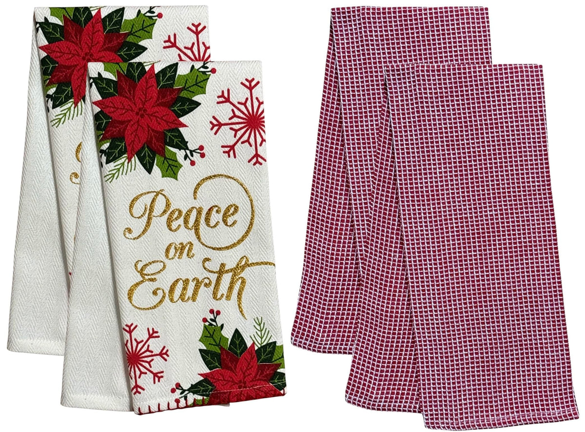 Peace on Earth with Poinsettia Flower, Snowflakes on White Herringbone and Red Waffle Weave, 4 Pcs Cotton Kitchen Towels, Soft and Absorbent, Size: 16” x 28".