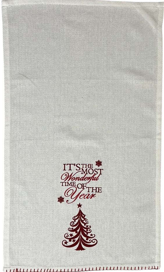It's The Most Wonderful time of The Year with Snowflakes and Christmas Tree on White Herringbone and Red Waffle Weave, 4 Pcs Cotton Kitchen Towels, Soft and Absorbent, Size: 16” x 28".