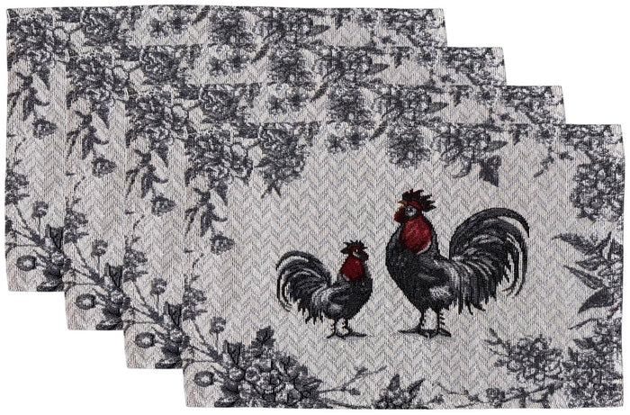 Set of 4, Black and White Rooster Design Tapestry placemats for Kitchen Dining Table Mats, Easy to Clean, Machine Washable. Size: 13" x 19".