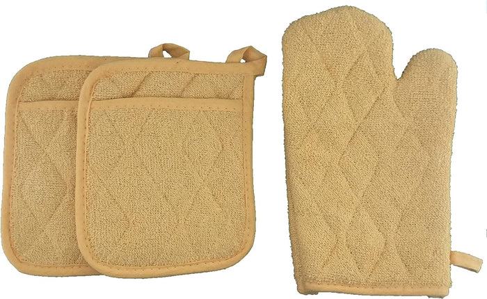 Set of 3, 100% Cotton Solid Color Heavy Duty Heat Resistant Kitchen Sets, Set Includes 1 Oven mitt, 2 Potholders.