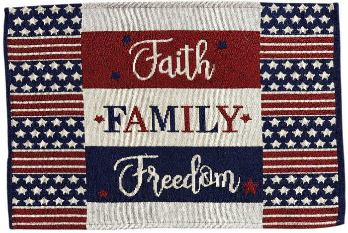 Patriotic Stripes with Star, Faith, Family, Freedom Set of 4, Tapestry Placemats for 4th of July, Memorial Day, Independence Day Size: 13 x 19 Inches.