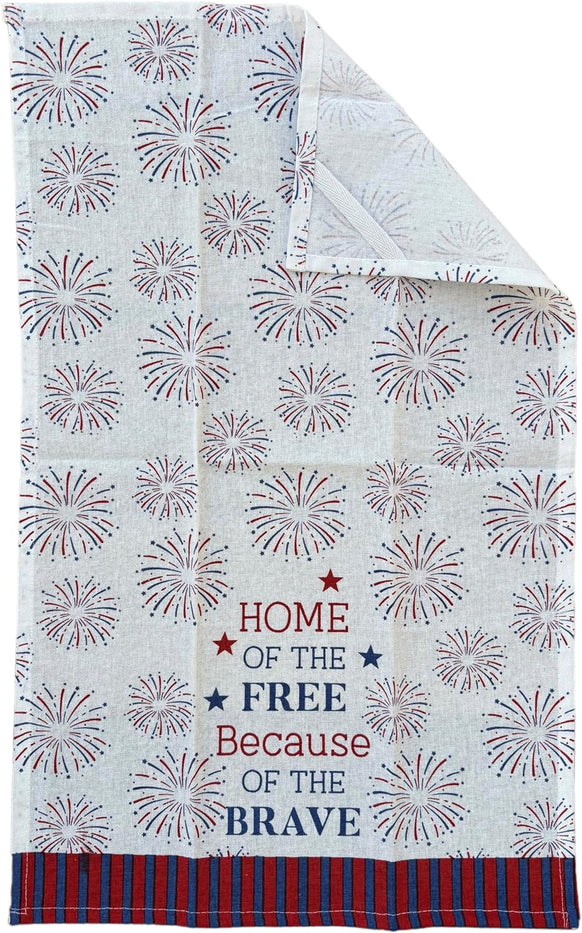 Fireworks Patriotic with Home of The Free Because of The Brave Slogan Design Printed Decorative 4th of July, Kitchen Towel Set of 4, 2 Kitchen Towels, Potholder & Oven mitt.