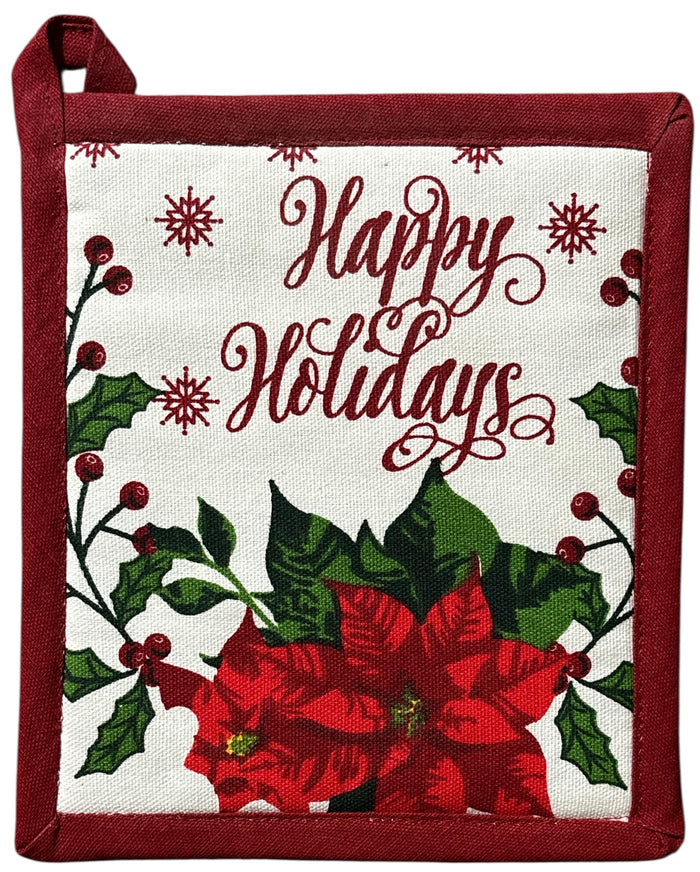 Poinsettia Flower, Berries, Snowflakes with Happy Holidays, 6 Pack Holiday Season Kitchen Towel Sets, 4 Kitchen Towels, Pot Holder & Oven mitt.