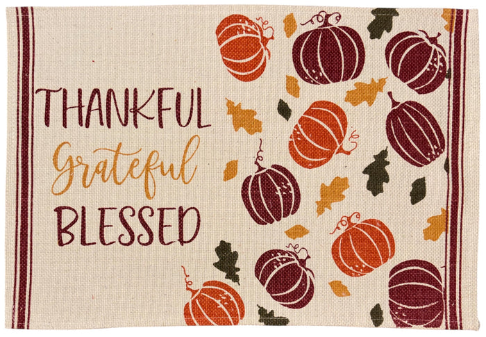 Thanksful, Grateful, Blessed with Fall Leaves and Colorful Pumpkin, Set of 4, Cotton Placemats for Fall, Thanksgiving Kitchen Dining Table Easy to Clean, Machine Washable, Size: 13” x 19”.